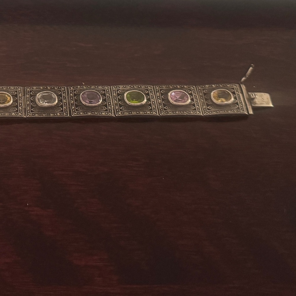 Vintage 925 Silver Multi-gemstone Link Bracelet - Picture 2 of 8